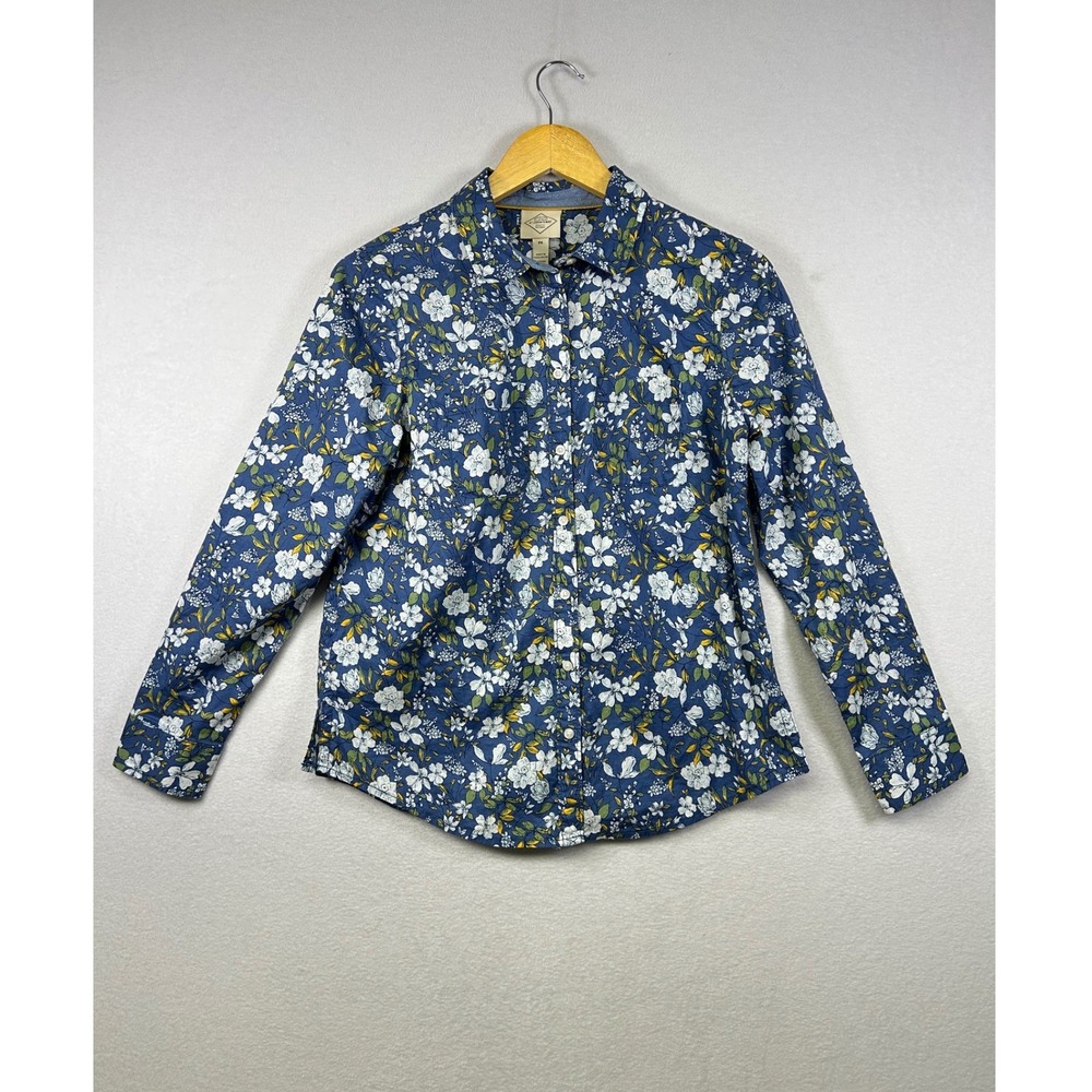 St Johns Bay Women's Petite Small Blue Floral Long Sleeve Button Up Shirt Top